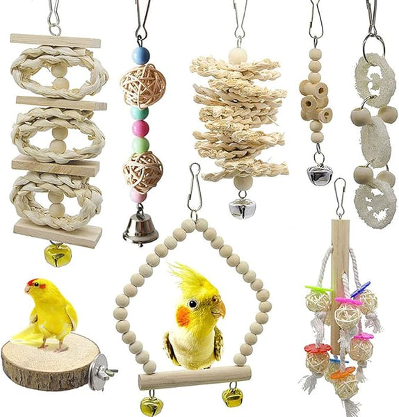 BRKT (8 Packs) of Bird Parrot Swing Chewing Toys,Natural Wood bird cage accessories,Suitable for Small Parakeets, Cockatiels, Conures, Finches,Budgie,Macaws, Parrots, Love Birds