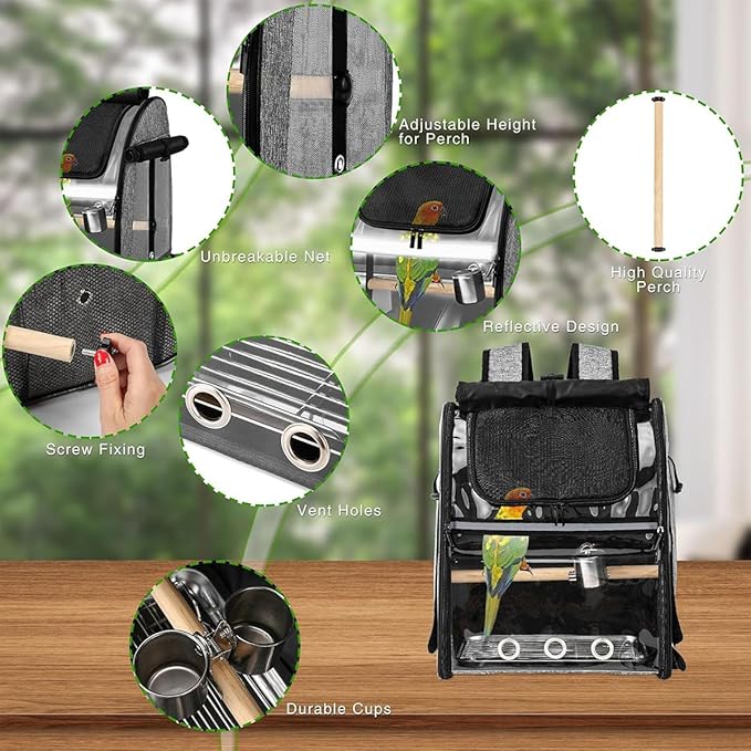 BRKT Bird Carrier Backpack,Bird Travel Bag with Stand,Bottom Tray and Food Bowls,Breathable & Portable Parrot Carrier, Parrot Transparent Breathable Travel Bag(5pcs(backpack))