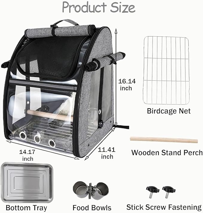 BRKT Bird Carrier Backpack,Bird Travel Bag with Stand,Bottom Tray and Food Bowls,Breathable & Portable Parrot Carrier, Parrot Transparent Breathable Travel Bag(5pcs(backpack))