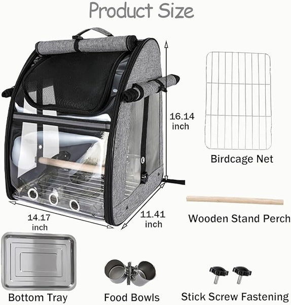 BRKT Bird Carrier Backpack,Bird Travel Bag with Stand,Bottom Tray and Food Bowls,Breathable & Portable Parrot Carrier, Parrot Transparent Breathable Travel Bag(5pcs(backpack))