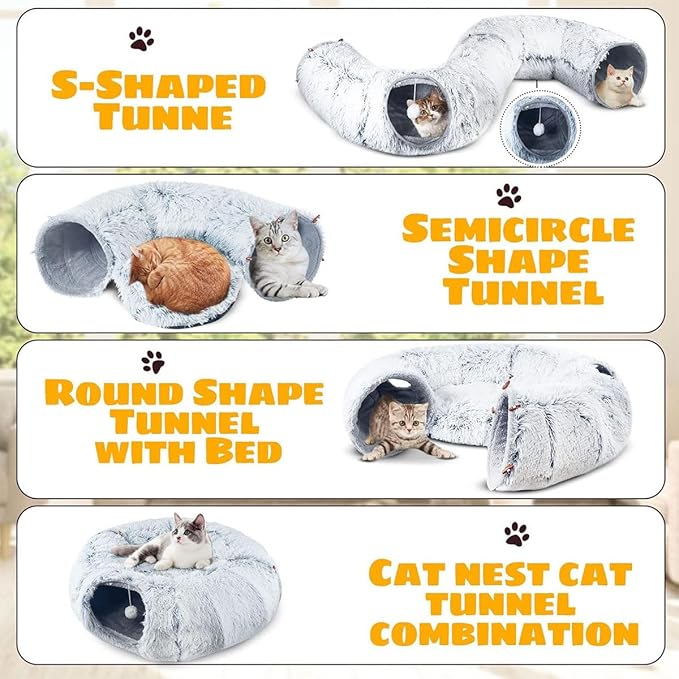 BRKT Plush Cat Tunnel Bed,Plush Cat Circle Tunnel with Hanging Balls and Peepholes,Cat Bed Tunnel with Washable Cushion,Multifunctional Cat Toys for Kitten, Cat, Puppy, Rabbit, Ferret