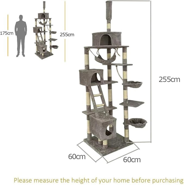 BRKT Cat Tree for Indoor Cats, 5 Level Cat Climbing Tower，Sisal Scratching Post, Provides Cats Vertical Enrichment, Exercise, Privacy, and Mental Stimulation (Grey (60 * 60 * 255cm))