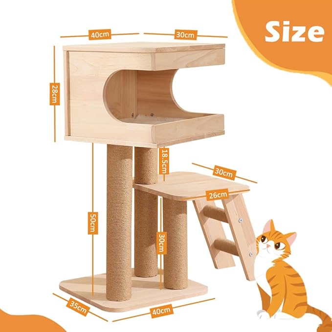 BRKT  Wood Cat Tree for Indoor Cats,Tall Cat Furniture with Natural Sisal Rope Scratching Post, Modern Wooden Cat Tower with Cave, Mat,Stable Pet Playhouse Furniture (2 layers)