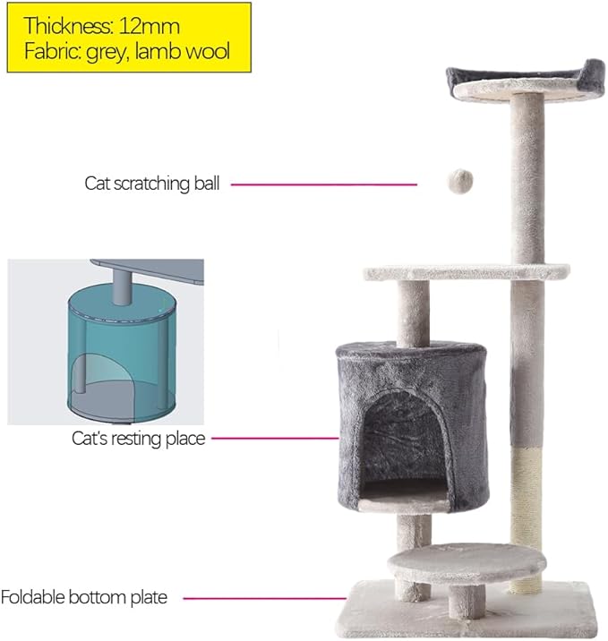 BRKT Cat Tower, Indoor Cat Tree With Sisal Covered Catch Posts and Plush Catch Balls, Suitable for Small and Medium-sized Cats(grey, 50 * 40 * 110（No hammock）)