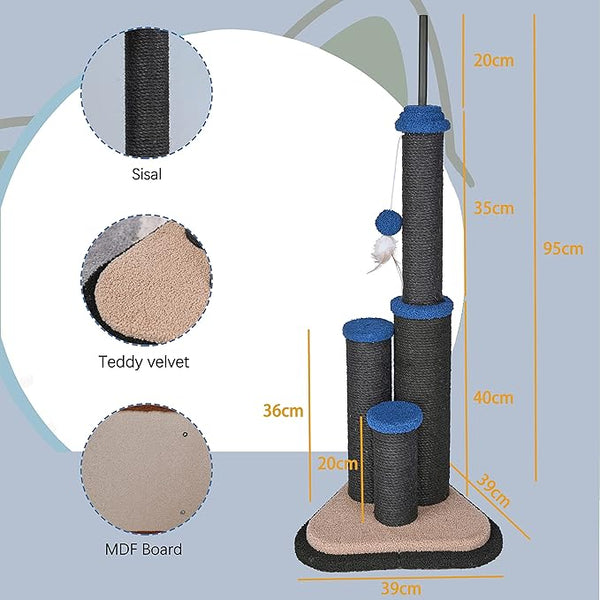 BRKT Cat Scratching Post for Indoor Cats,Burj Khalifa Cat Tree,3 Scratch Posts with Hanging Balls and Feather,Cat Scratcher with Sisal Rope for Kittens and Small Cats (Small)