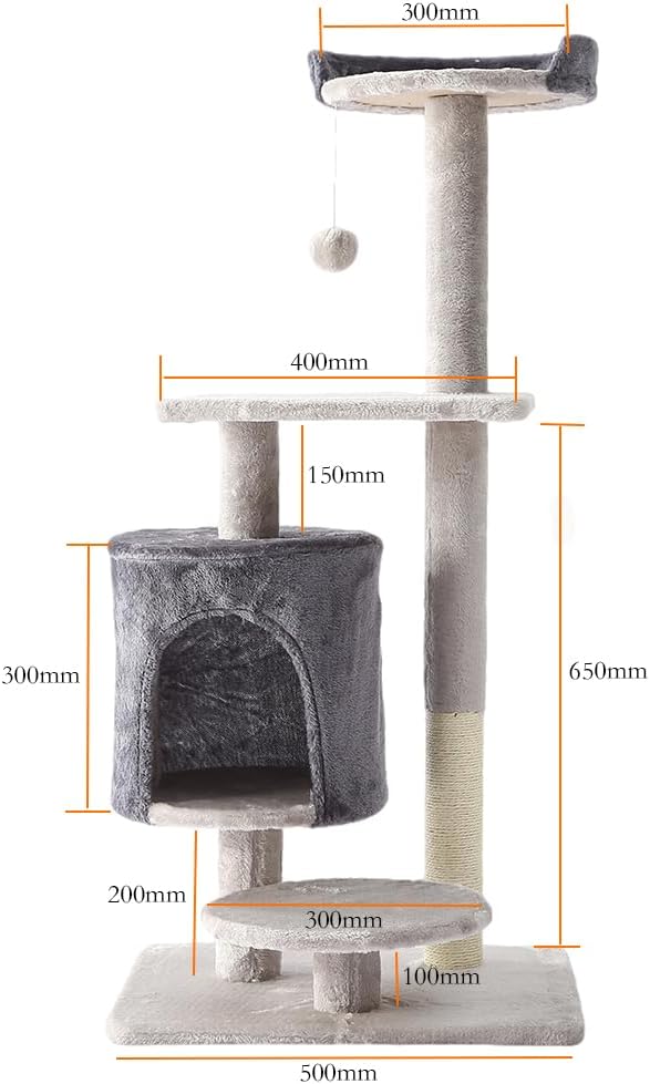 BRKT Cat Tower, Indoor Cat Tree With Sisal Covered Catch Posts and Plush Catch Balls, Suitable for Small and Medium-sized Cats(grey, 50 * 40 * 110（No hammock）)