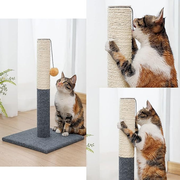 BRKT Cat Scratching Post for Indoor Cats,Cat Scratcher with Hanging Ball,Durable Cat Scratcher Pole with Sisal Rope,Cat Carpet Scratching Post for Small Cats and Kittens (Grey+ Beige)