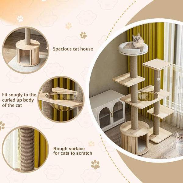 BRKT  Wooden Cat Tree, Tall Cat Furniture with Natural Sisal Rope, Cat Scratch Ball, Cat House, Can Accommodate Multiple Cats for Use(Tall tower)