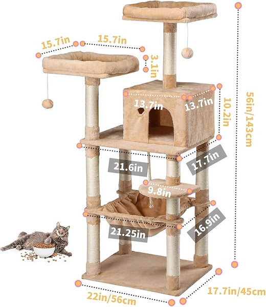 BRKT Large Multi-Level Cat Tree for Indoor Cats,Cat Tree Condo,Cat Tree Tower,Cat Tower with Sisal Scratching Posts, Perches and Hammock,Cats Activity Tower(Beige(4 layers))