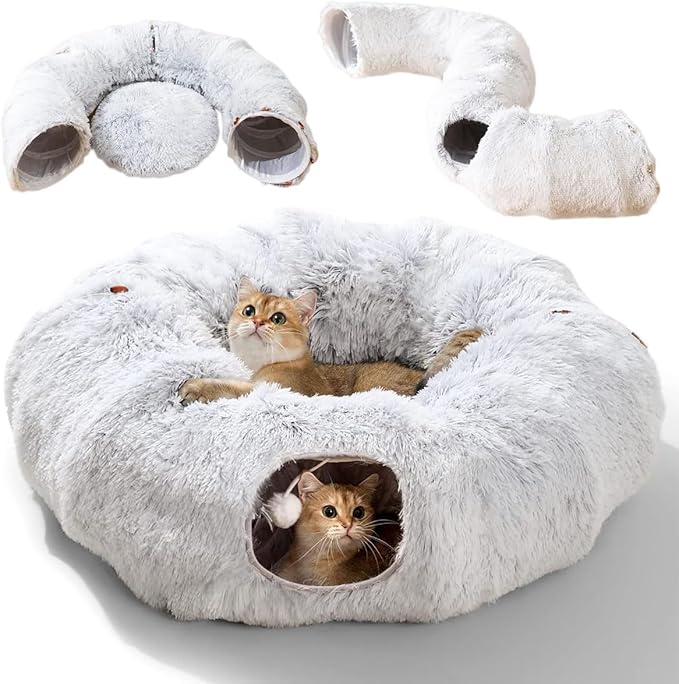 BRKT Plush Cat Tunnel Bed,Plush Cat Circle Tunnel with Hanging Balls and Peepholes,Cat Bed Tunnel with Washable Cushion,Multifunctional Cat Toys for Kitten, Cat, Puppy, Rabbit, Ferret