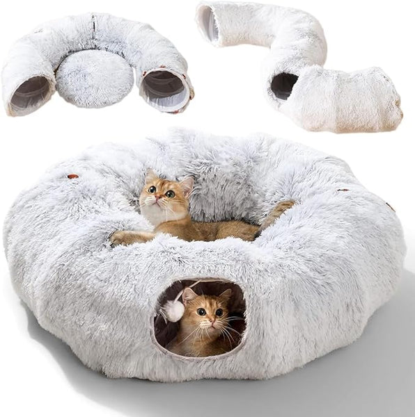 BRKT Plush Cat Tunnel Bed,Plush Cat Circle Tunnel with Hanging Balls and Peepholes,Cat Bed Tunnel with Washable Cushion,Multifunctional Cat Toys for Kitten, Cat, Puppy, Rabbit, Ferret