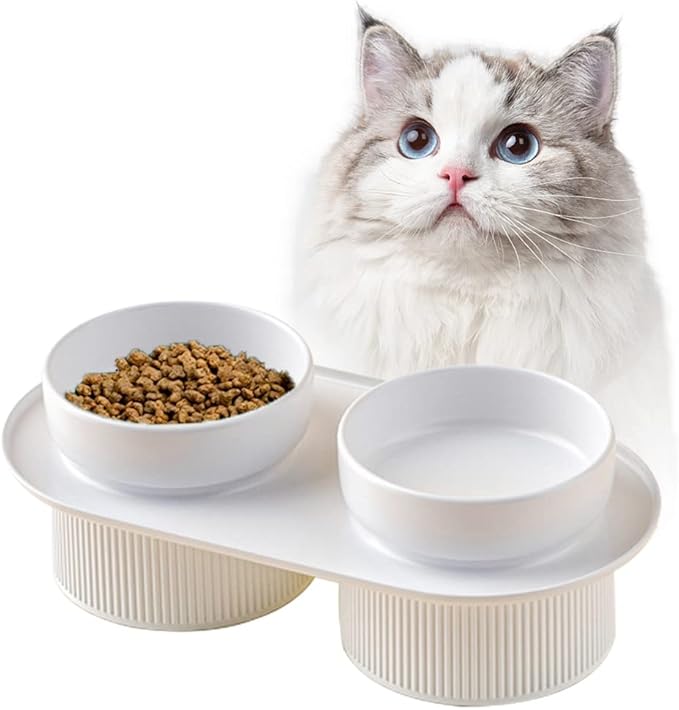 BRKT Ceramic Cat Bowl, Tall To Protect The Cervical Spine Anti-Spill Pet Bowls, Detachable Ceramic Water Bowl Food Bowl (white, Double bowl