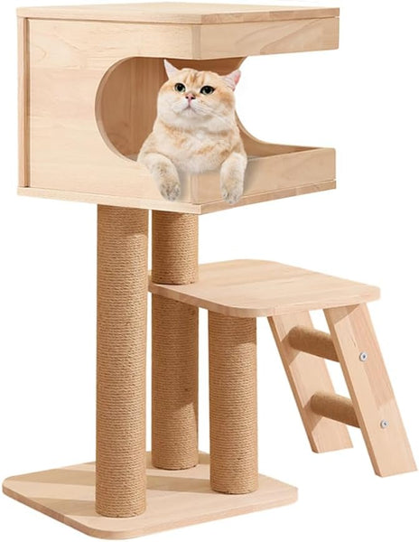BRKT  Wood Cat Tree for Indoor Cats,Tall Cat Furniture with Natural Sisal Rope Scratching Post, Modern Wooden Cat Tower with Cave, Mat,Stable Pet Playhouse Furniture (2 layers)
