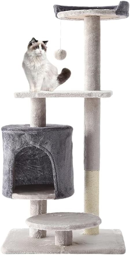 BRKT Cat Tower, Indoor Cat Tree With Sisal Covered Catch Posts and Plush Catch Balls, Suitable for Small and Medium-sized Cats(grey, 50 * 40 * 110（No hammock）)