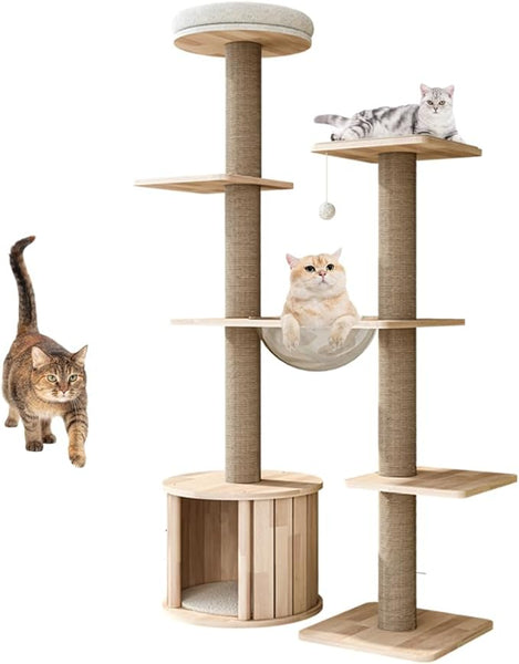 BRKT  Wooden Cat Tree, Tall Cat Furniture with Natural Sisal Rope, Cat Scratch Ball, Cat House, Can Accommodate Multiple Cats for Use(Tall tower)