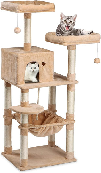 BRKT Large Multi-Level Cat Tree for Indoor Cats,Cat Tree Condo,Cat Tree Tower,Cat Tower with Sisal Scratching Posts, Perches and Hammock,Cats Activity Tower(Beige(4 layers))