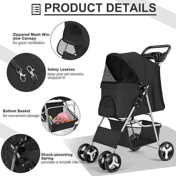BRKT Foldable Pet Dog Stroller, 4 Wheel Cat Dog Stroller for Jogging Travel with Sun Shade, Cup Holder, Mesh Window, 360° Rotated Wheels, Storage Basket, Foot Brake,Easy to Walk Travel Carrier
