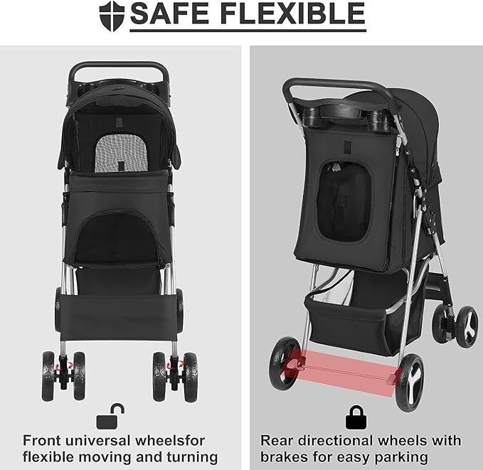 BRKT Foldable Pet Dog Stroller, 4 Wheel Cat Dog Stroller for Jogging Travel with Sun Shade, Cup Holder, Mesh Window, 360° Rotated Wheels, Storage Basket, Foot Brake,Easy to Walk Travel Carrier