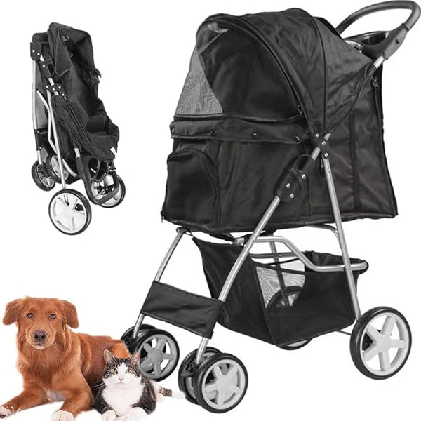 BRKT Foldable Pet Dog Stroller, 4 Wheel Cat Dog Stroller for Jogging Travel with Sun Shade, Cup Holder, Mesh Window, 360° Rotated Wheels, Storage Basket, Foot Brake,Easy to Walk Travel Carrier