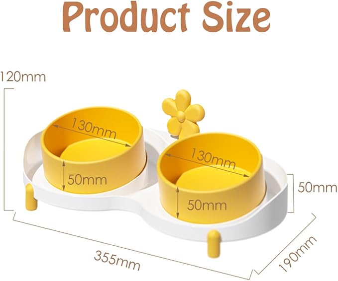 BRKT Ceramic Cat Bowl for Food and Water,Double Cat Feeding Bowl with Scraper, Tilted Food Feeding Dishes, Relieve Whisker Fatigue Anti Vomit Non-Slip Pet Raised Bowl (Yellow Flower)