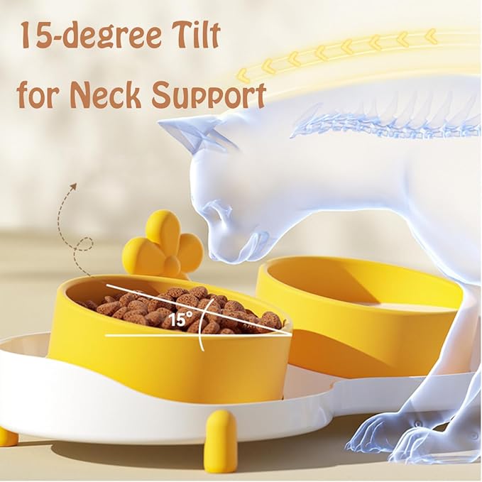 BRKT Ceramic Cat Bowl for Food and Water,Double Cat Feeding Bowl with Scraper, Tilted Food Feeding Dishes, Relieve Whisker Fatigue Anti Vomit Non-Slip Pet Raised Bowl (Yellow Flower)