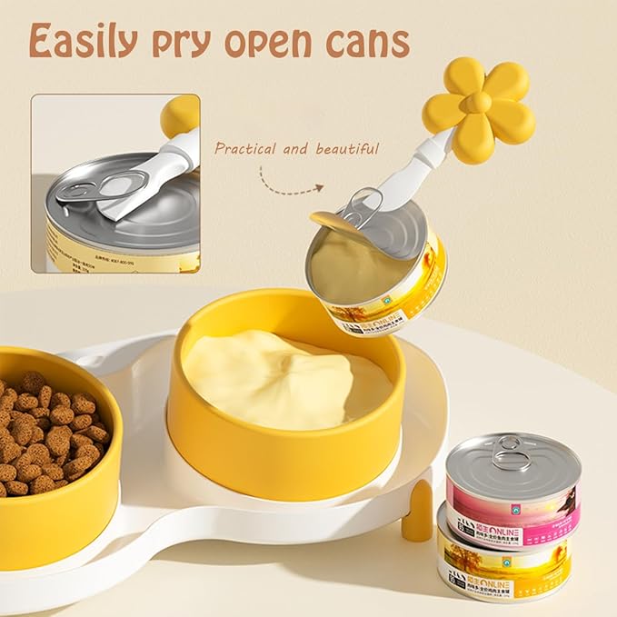 BRKT Ceramic Cat Bowl for Food and Water,Double Cat Feeding Bowl with Scraper, Tilted Food Feeding Dishes, Relieve Whisker Fatigue Anti Vomit Non-Slip Pet Raised Bowl (Yellow Flower)