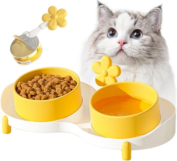 BRKT Ceramic Cat Bowl for Food and Water,Double Cat Feeding Bowl with Scraper, Tilted Food Feeding Dishes, Relieve Whisker Fatigue Anti Vomit Non-Slip Pet Raised Bowl (Yellow Flower)